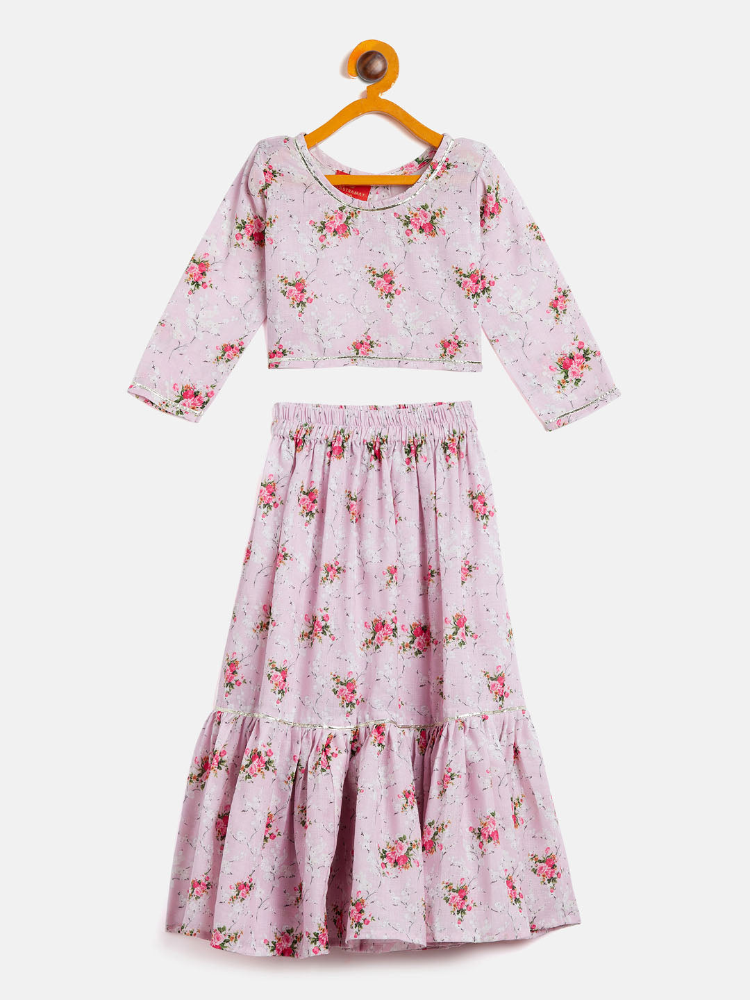 Sishu Girl's Printed Linen Crop Top And Ruffle Skirt Set