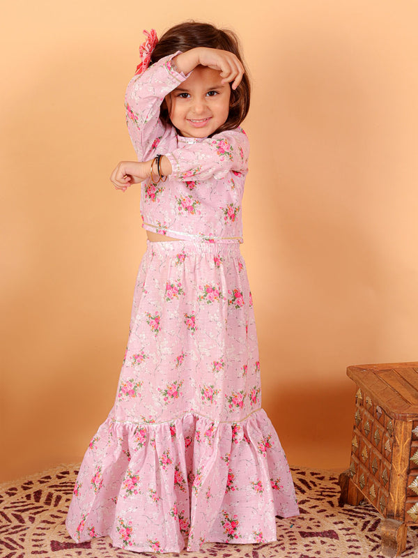 Sishu Girl's Printed Linen Crop Top And Ruffle Skirt Set