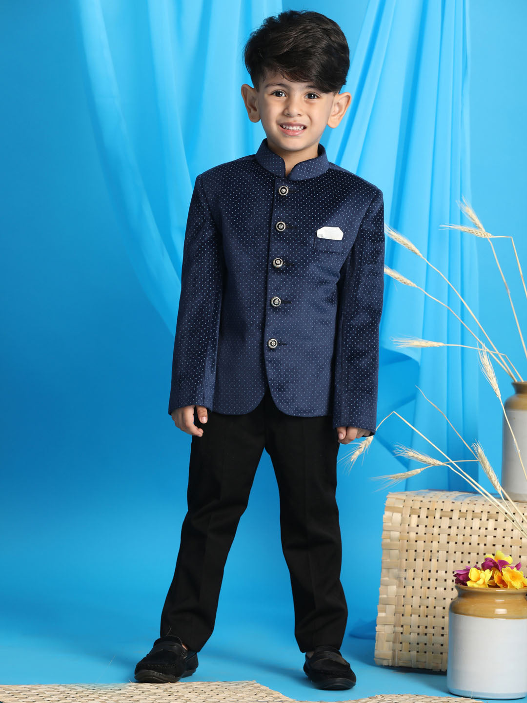 Boy's Blue Polka Dot Printed Jodhpuri