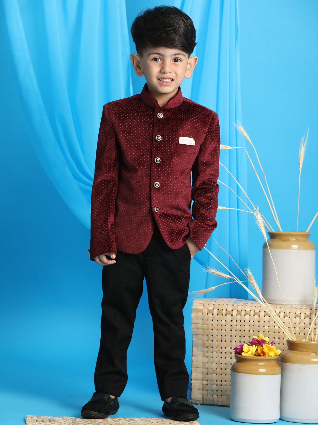 Boy's Maroon Polka Dot Printed Jodhpuri