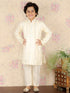 Boy's Cream Embroidered Vertical Mirror Work Kurta With Pyjama Set