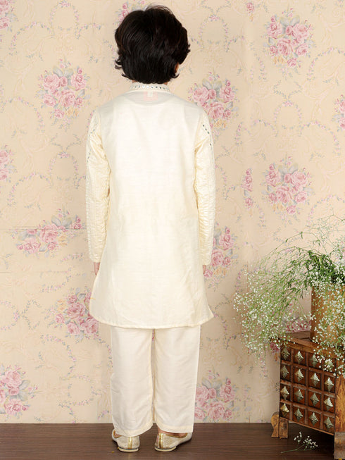 Boy's Cream Embroidered Vertical Mirror Work Kurta With Pyjama Set