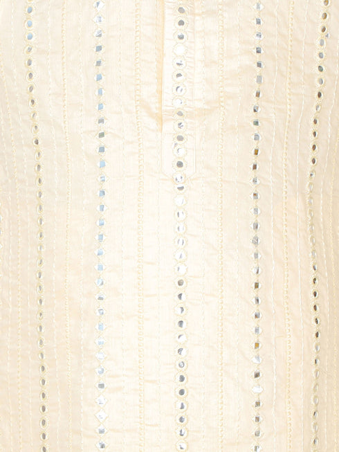 Boy's Cream Embroidered Vertical Mirror Work Kurta With Pyjama Set