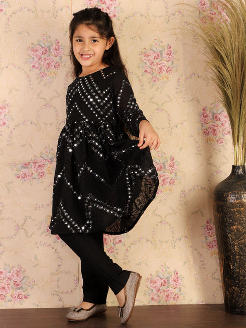 Girl's Black Mirror Kurta Pyjama Set