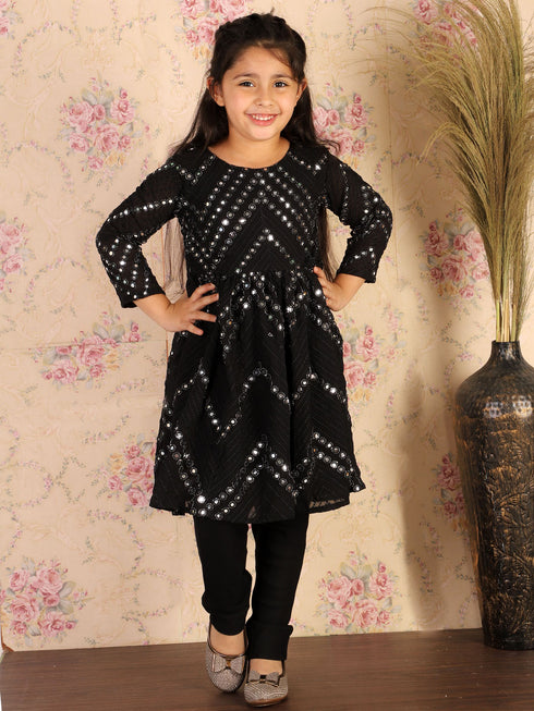Girl's Black Mirror Kurta Pyjama Set