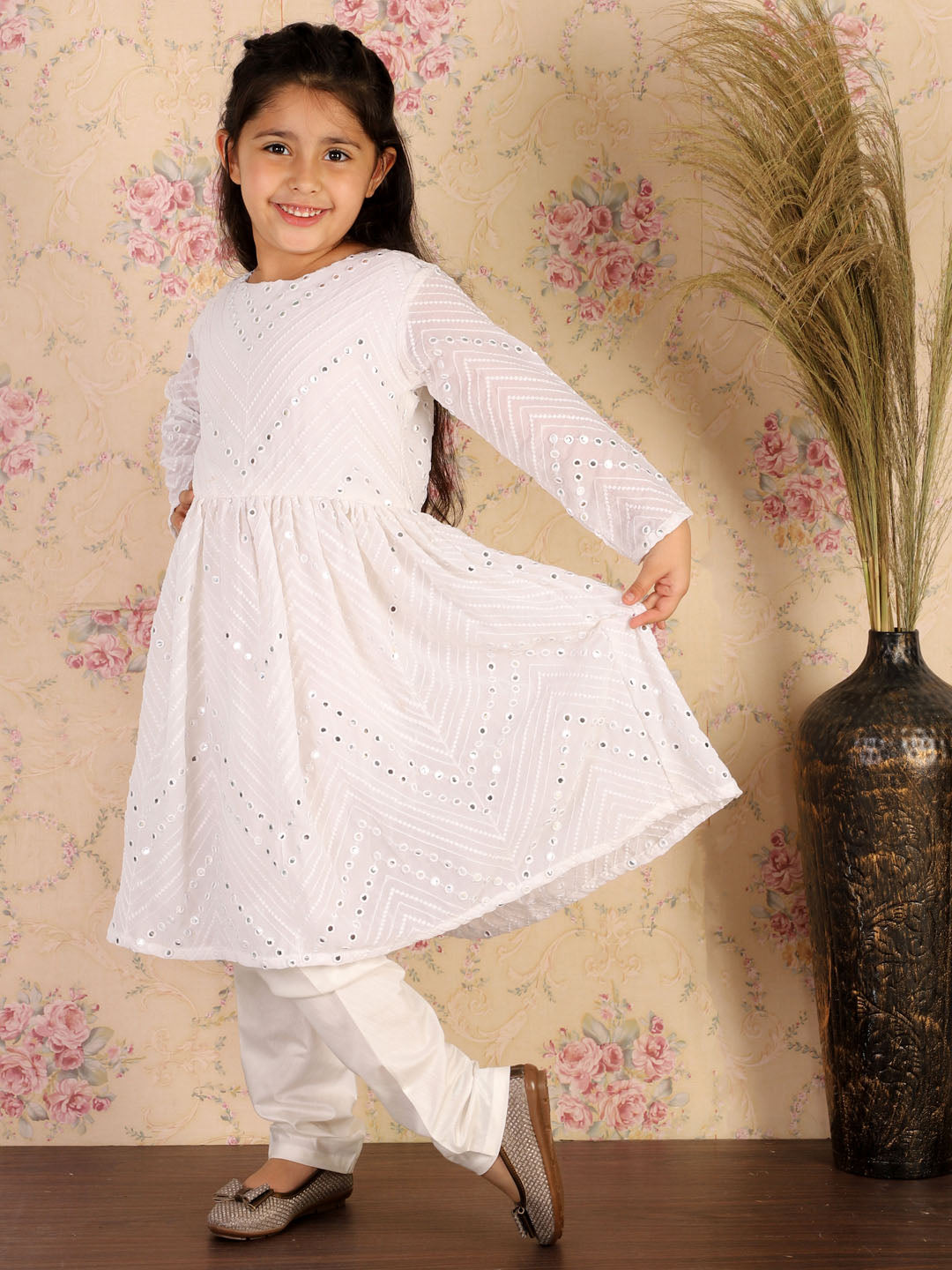 Girl's White Mirror Kurta Pyjama Set