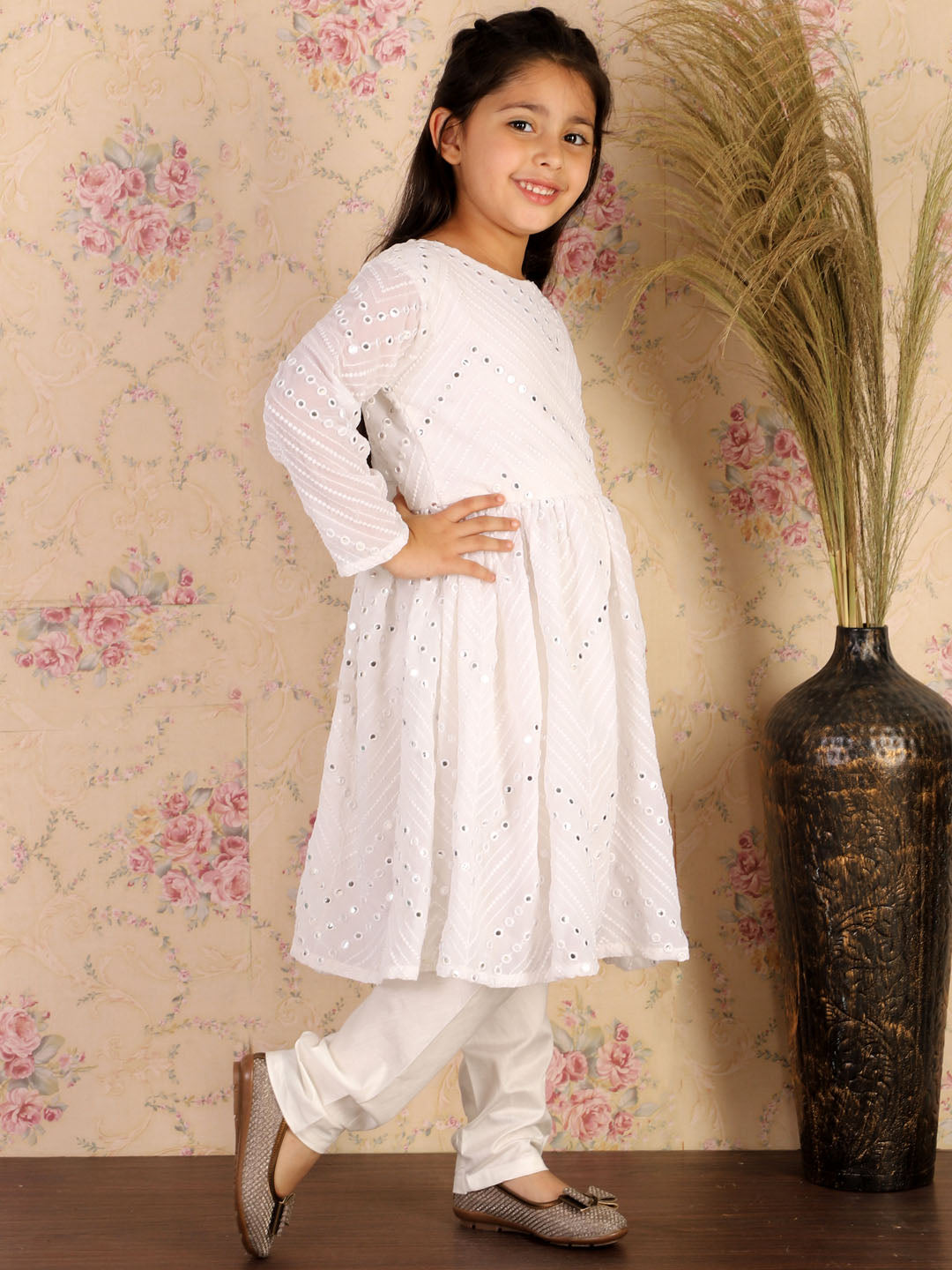 Girl's White Mirror Kurta Pyjama Set