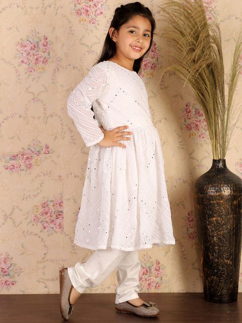 Girl's White Mirror Kurta Pyjama Set