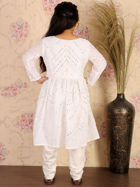 Girl's White Mirror Kurta Pyjama Set