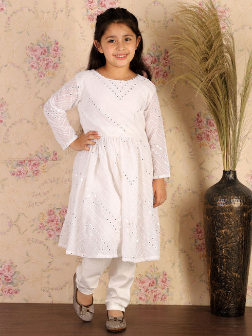 Girl's White Mirror Kurta Pyjama Set