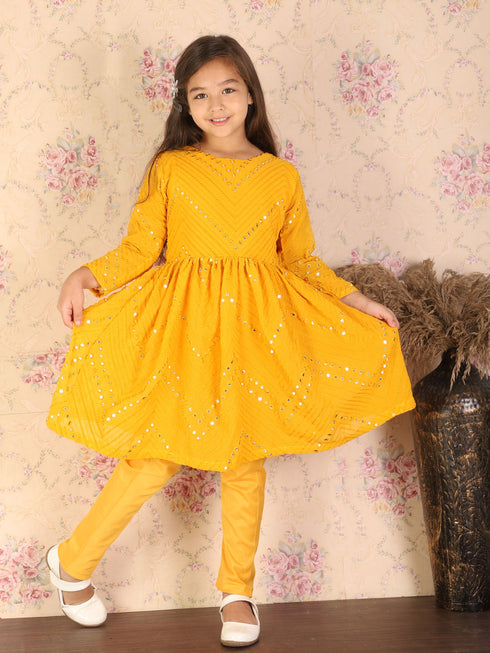 Girl's Yellow Mirror Kurta Pyjama Set