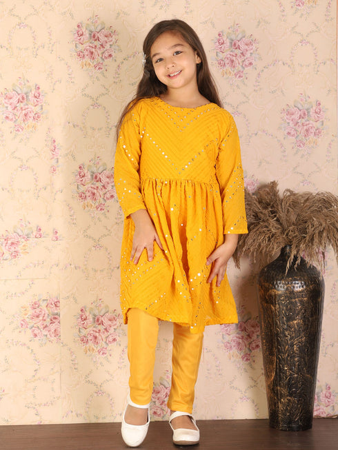 Girl's Yellow Mirror Kurta Pyjama Set