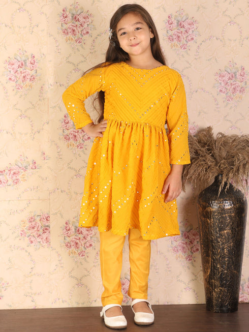 Girl's Yellow Mirror Kurta Pyjama Set