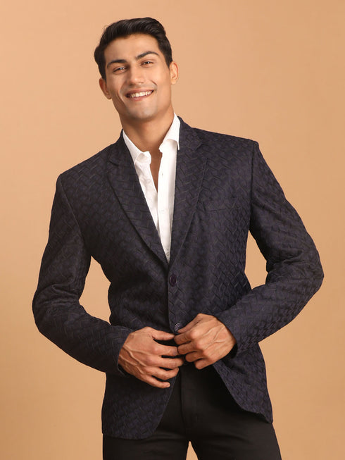 Men's Navy Blue Silk Blend Self Design Blazer