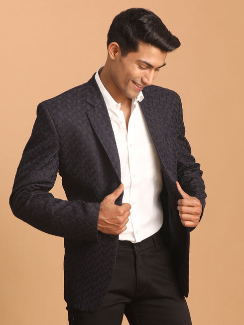 Men's Navy Blue Silk Blend Self Design Blazer