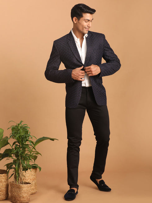 Men's Navy Blue Silk Blend Self Design Blazer