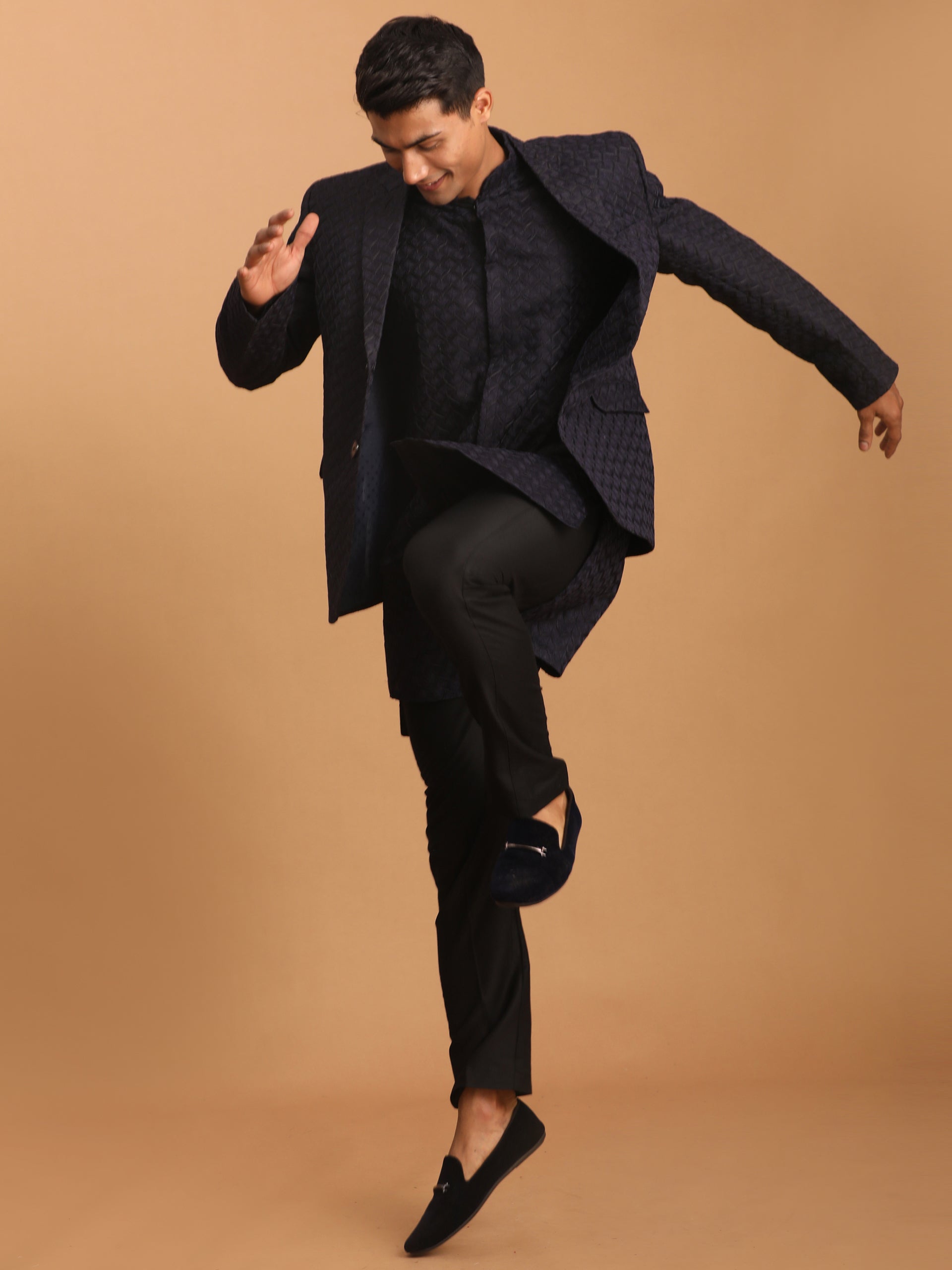 Men's Navy Blue Woven Blazer And Kurta Pant Set