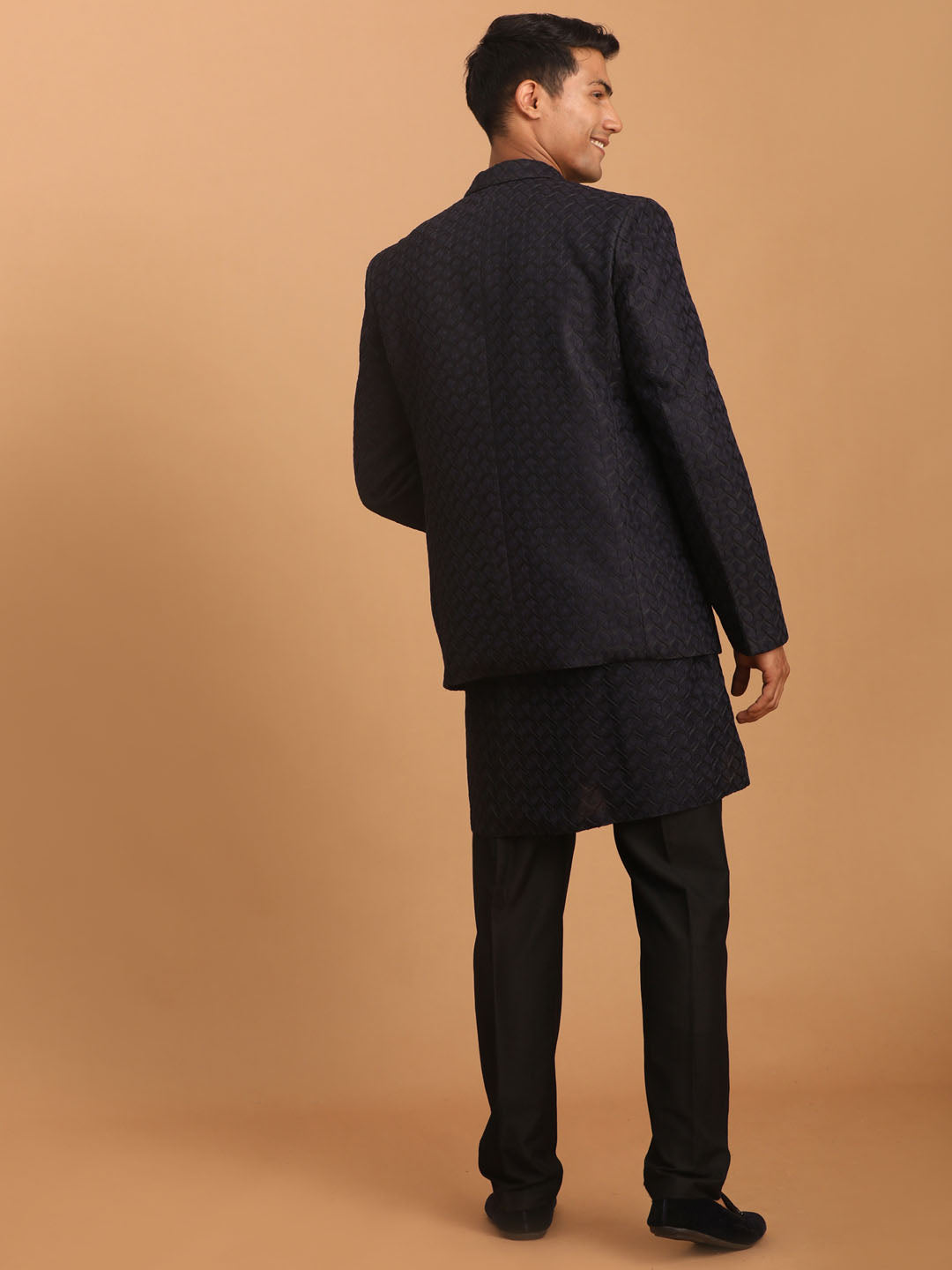Men's Navy Blue Woven Blazer And Kurta Pant Set