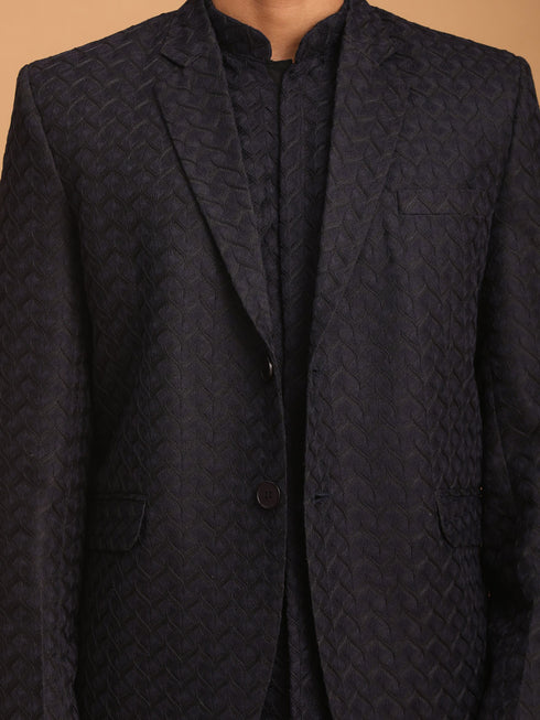 Men's Navy Blue Woven Blazer And Kurta Pant Set