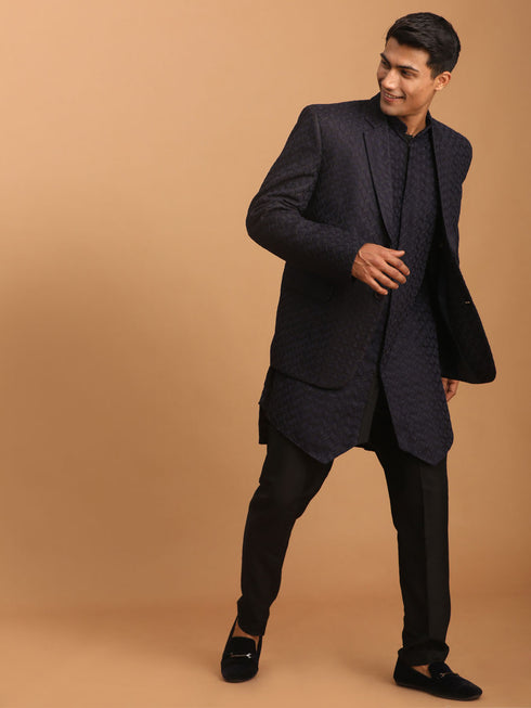 Men's Navy Blue Woven Blazer And Kurta Pant Set