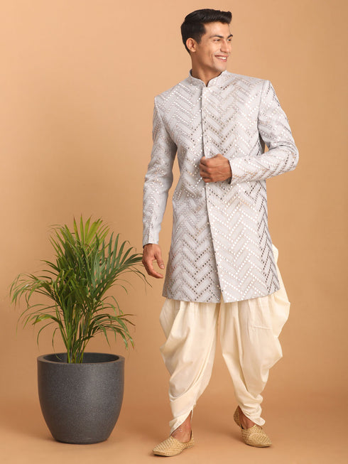 Men's Aqua Blue Mirror Indo Western Sherwani With Dhoti Set