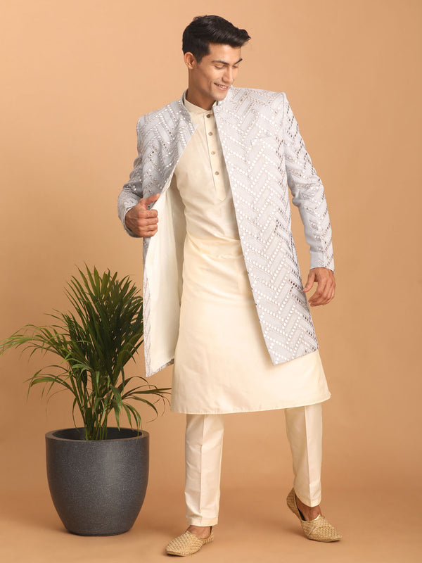 Men's Aqua Blue Mirror Indo Western Sherwani With Kurta Pyjama Set