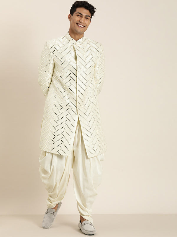 Men's Cream Indo Western Sherwani With Dhoti Set