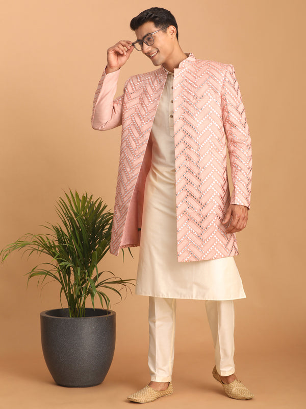 Men's Pink Mirror Indo Western Sherwani With Kurta Pyjama Set