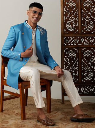 SHRESTHA By VASTRAMAY Men's Turquoise Blue Pearl Embroidered Indo With Kurta Pant Set