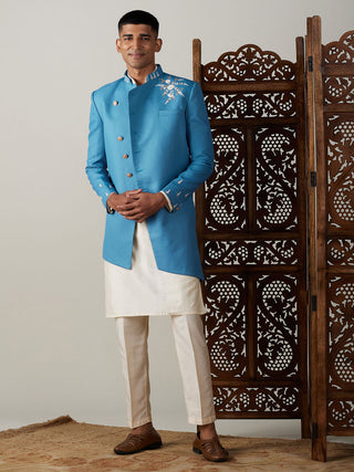 SHRESTHA By VASTRAMAY Men's Turquoise Blue Pearl Embroidered Indo With Kurta Pant Set