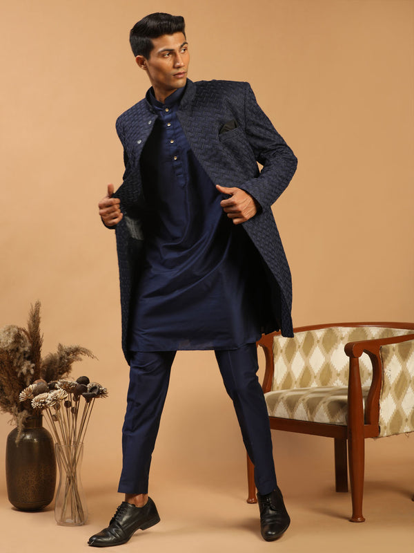 Men's Navy Blue Jacquard Sherwani And Kurta Pant Set