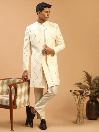 SHRESTHA By VASTRAMAY Men's Cream Mirror Indo Western Sherwani With Pant Set