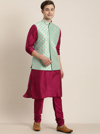 SHRESTHA By VASTRAMAY Men's Light Green Nerhu Jacket With Dark Pink Kurta Pyjama Set