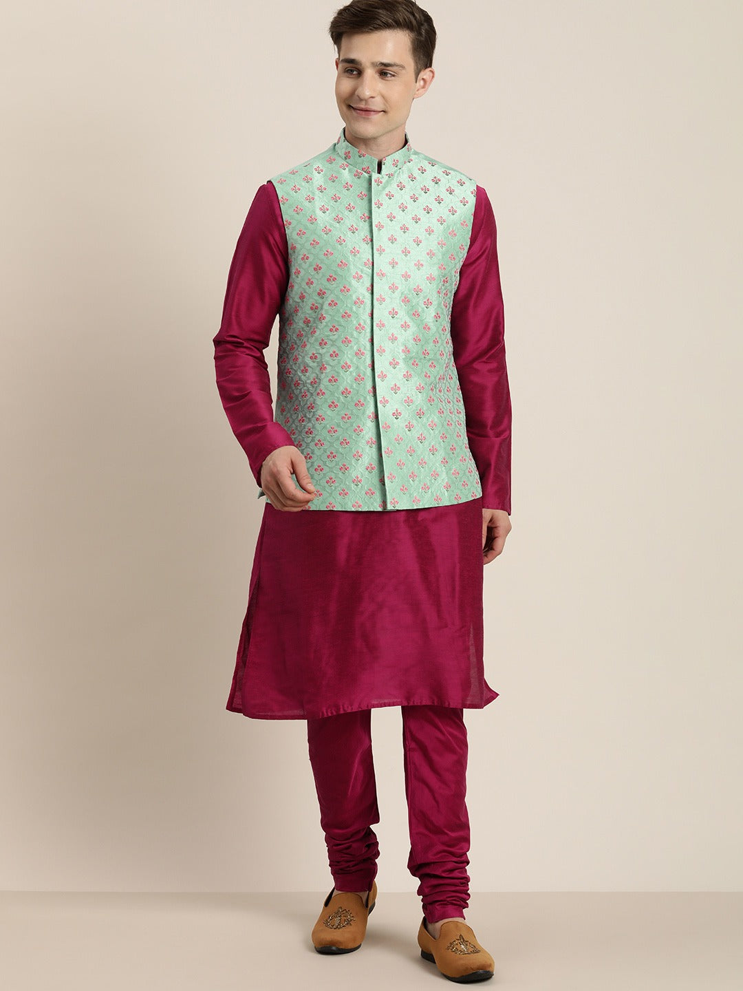 Men's Light Green Nerhu Jacket With Dark Pink Kurta Pyjama Set