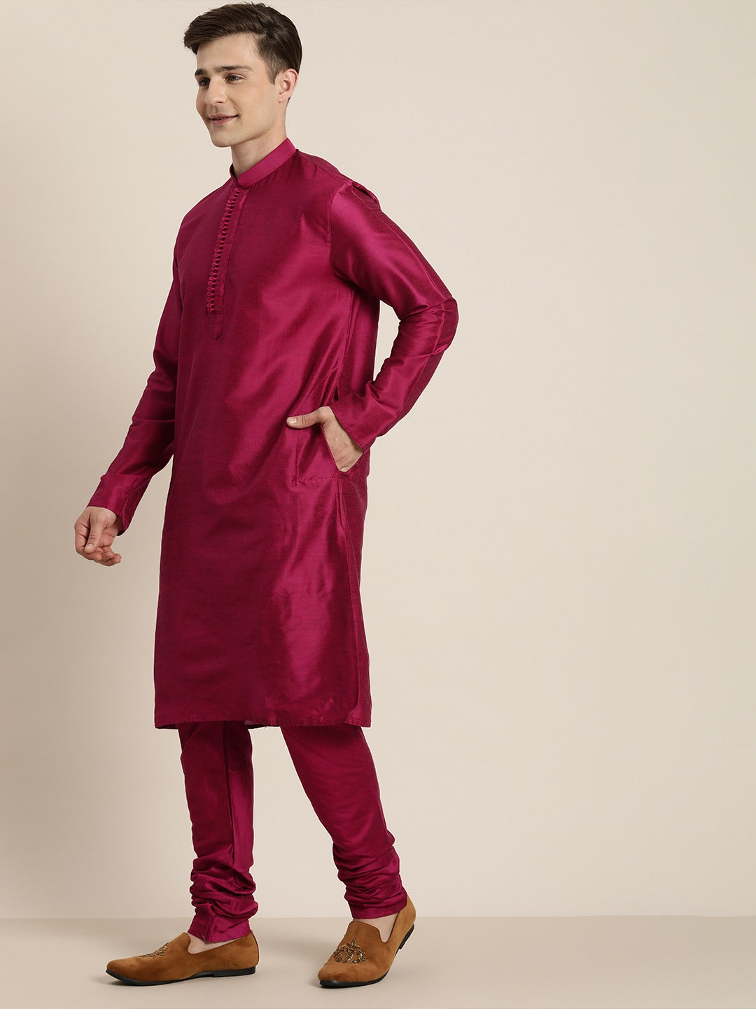 Men's Light Green Nerhu Jacket With Dark Pink Kurta Pyjama Set