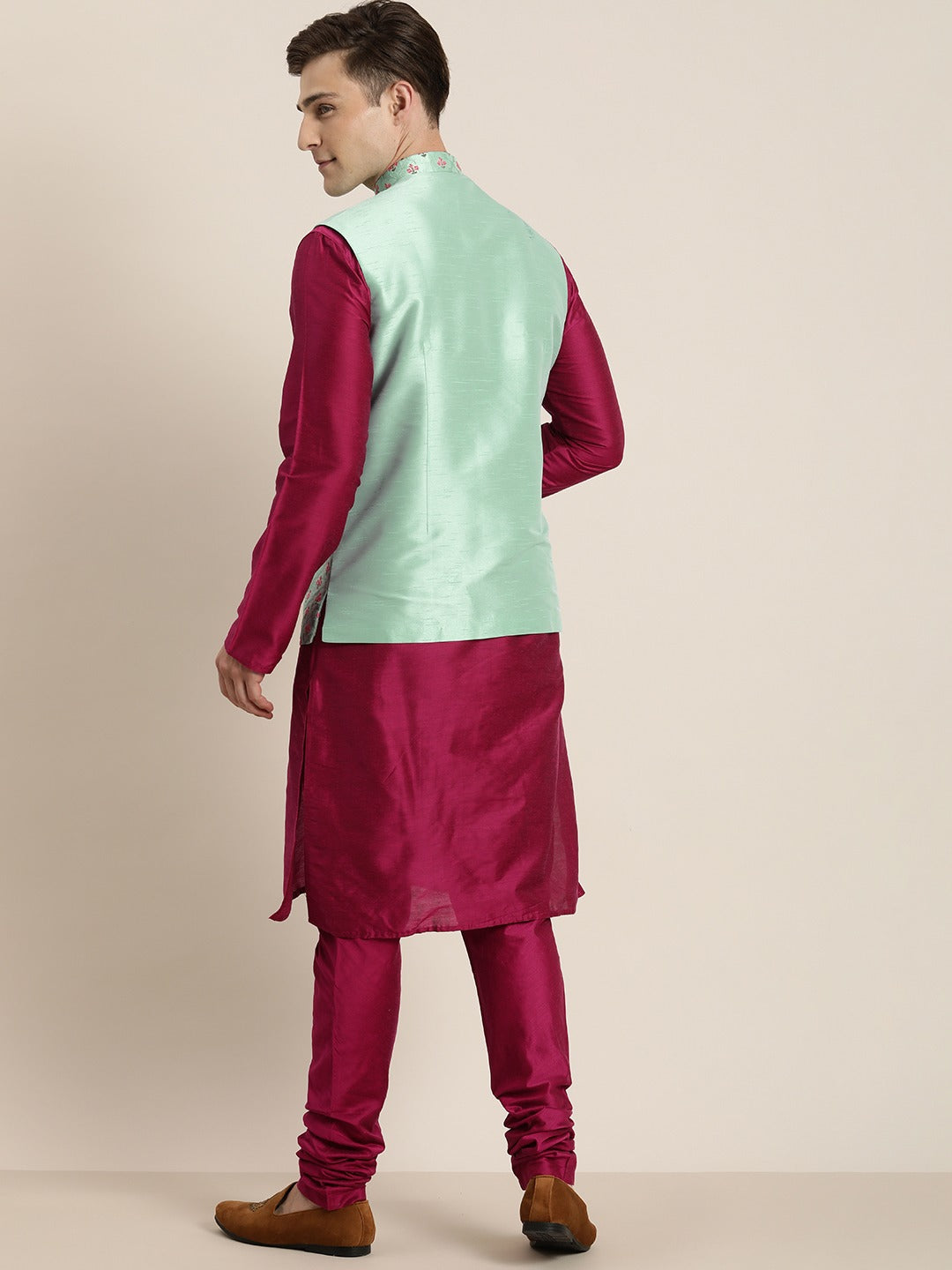 Men's Light Green Nerhu Jacket With Dark Pink Kurta Pyjama Set