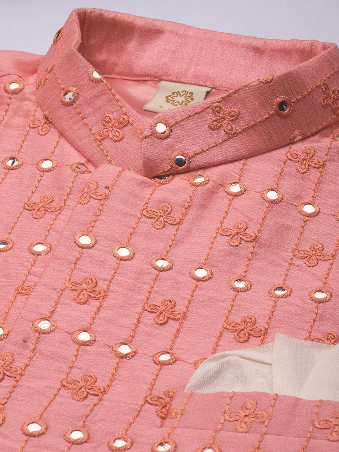 Men's Beige Mirror Work Kurta With Churidar With Ethnic Jacket