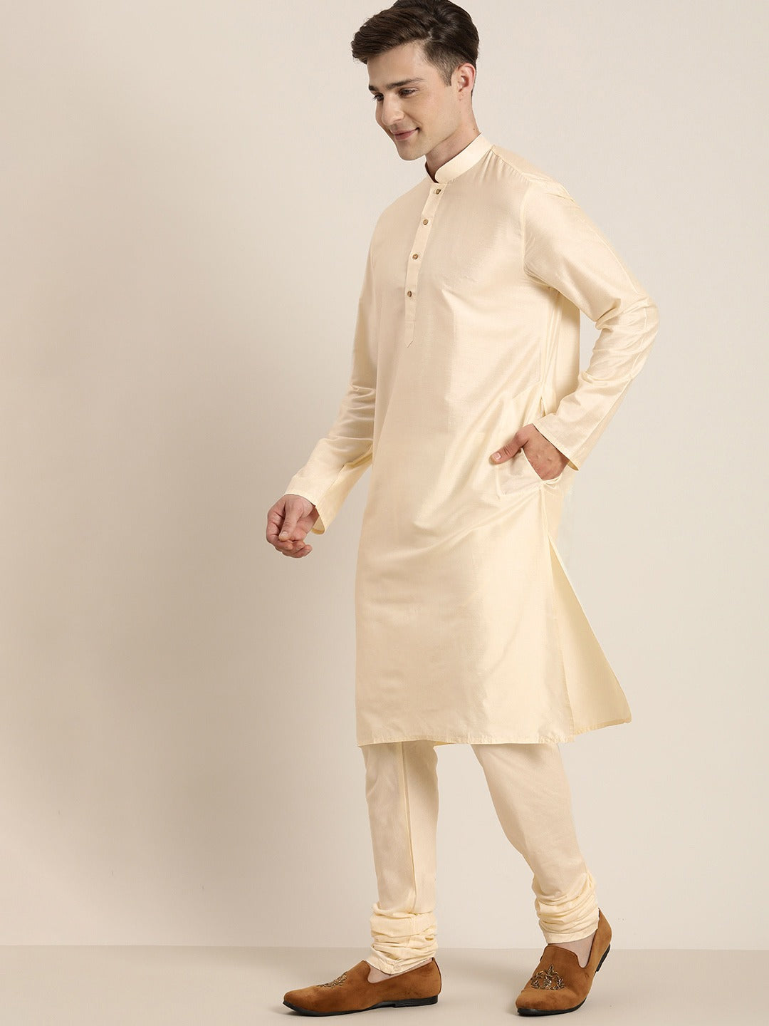 Men's Beige Mirror Work Kurta With Churidar With Ethnic Jacket