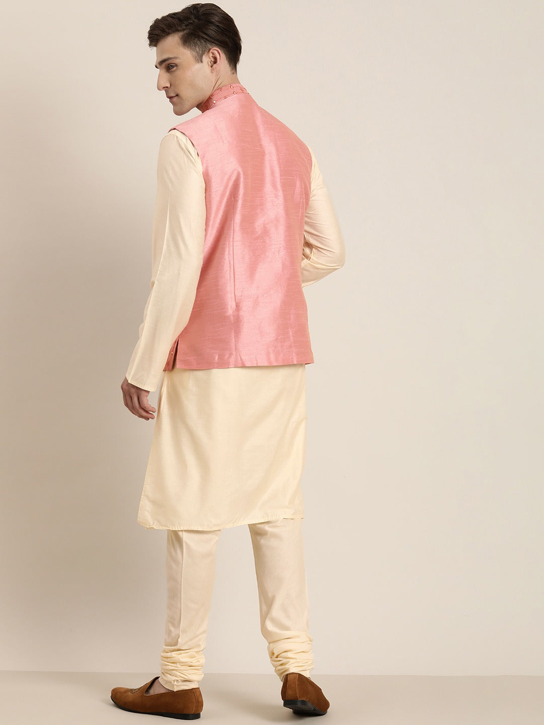 Men's Beige Mirror Work Kurta With Churidar With Ethnic Jacket