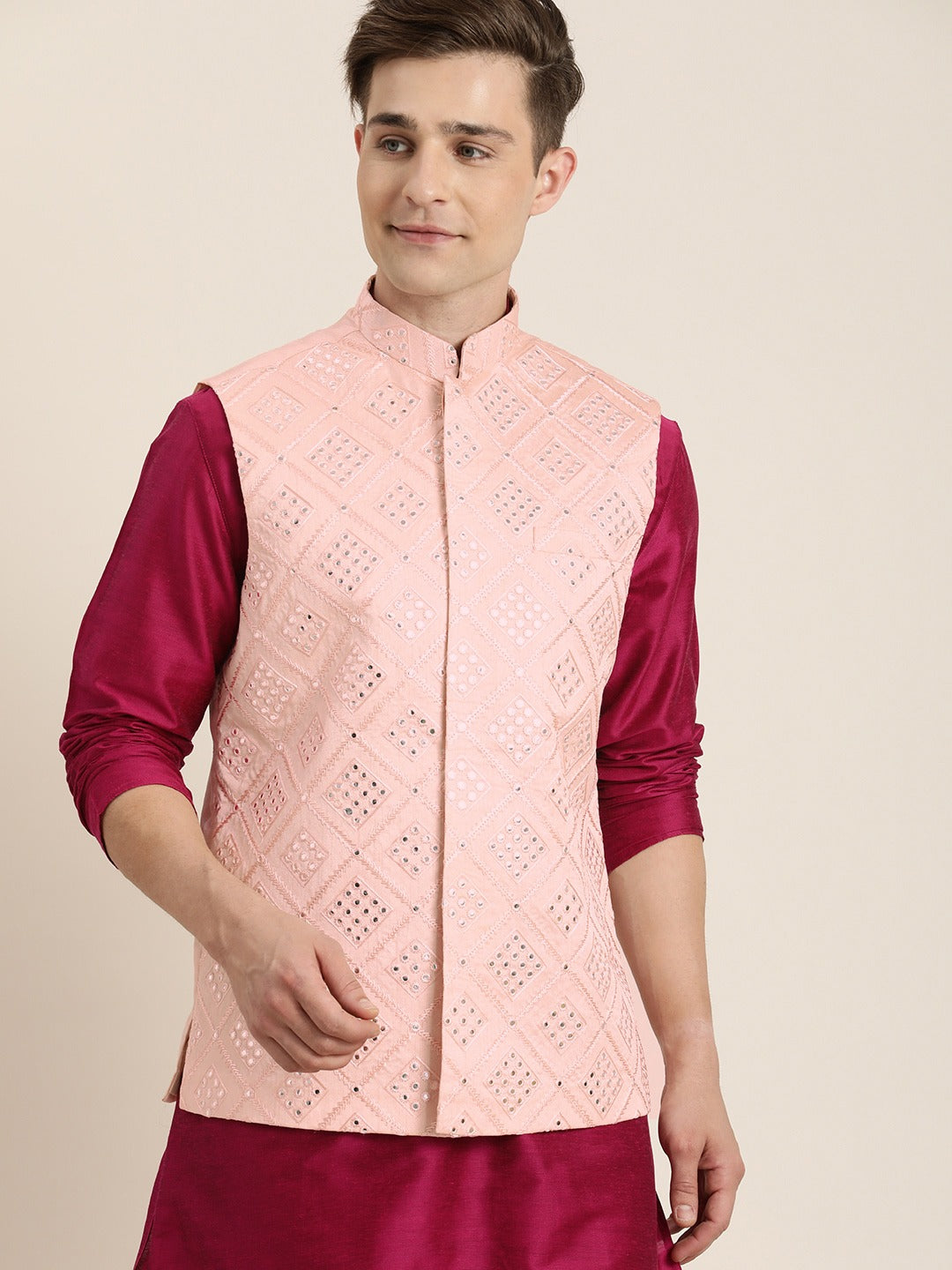 Men's Fuchsia & Pink Solid Kurta With Churidar & Nehru Jacket
