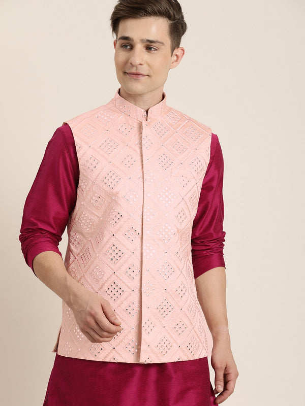 Men's Fuchsia & Pink Solid Kurta With Churidar & Nehru Jacket