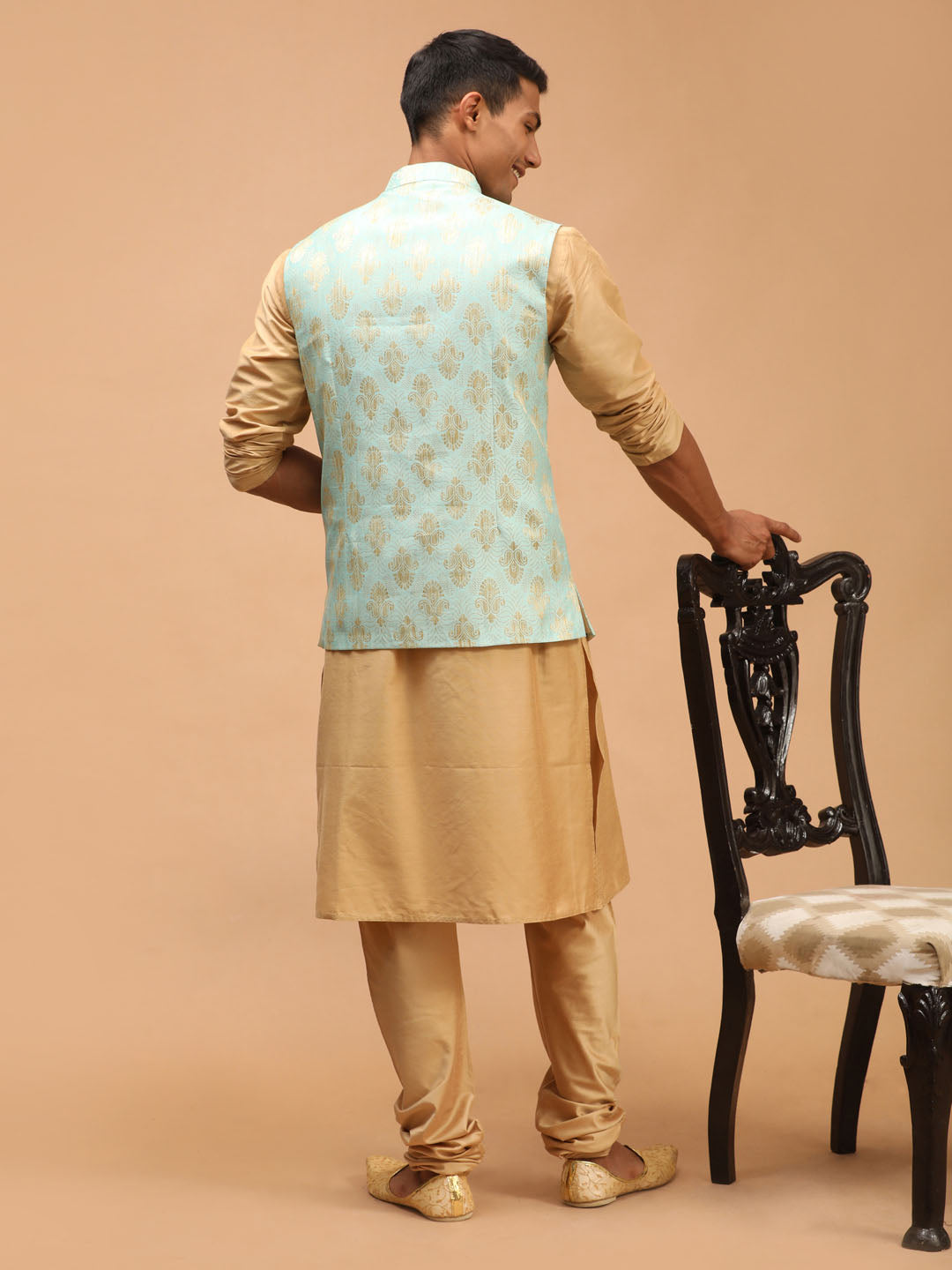 Men's Green Woven Design Ethnic Jacket And Rose Gold Kurta And Pyjama Set