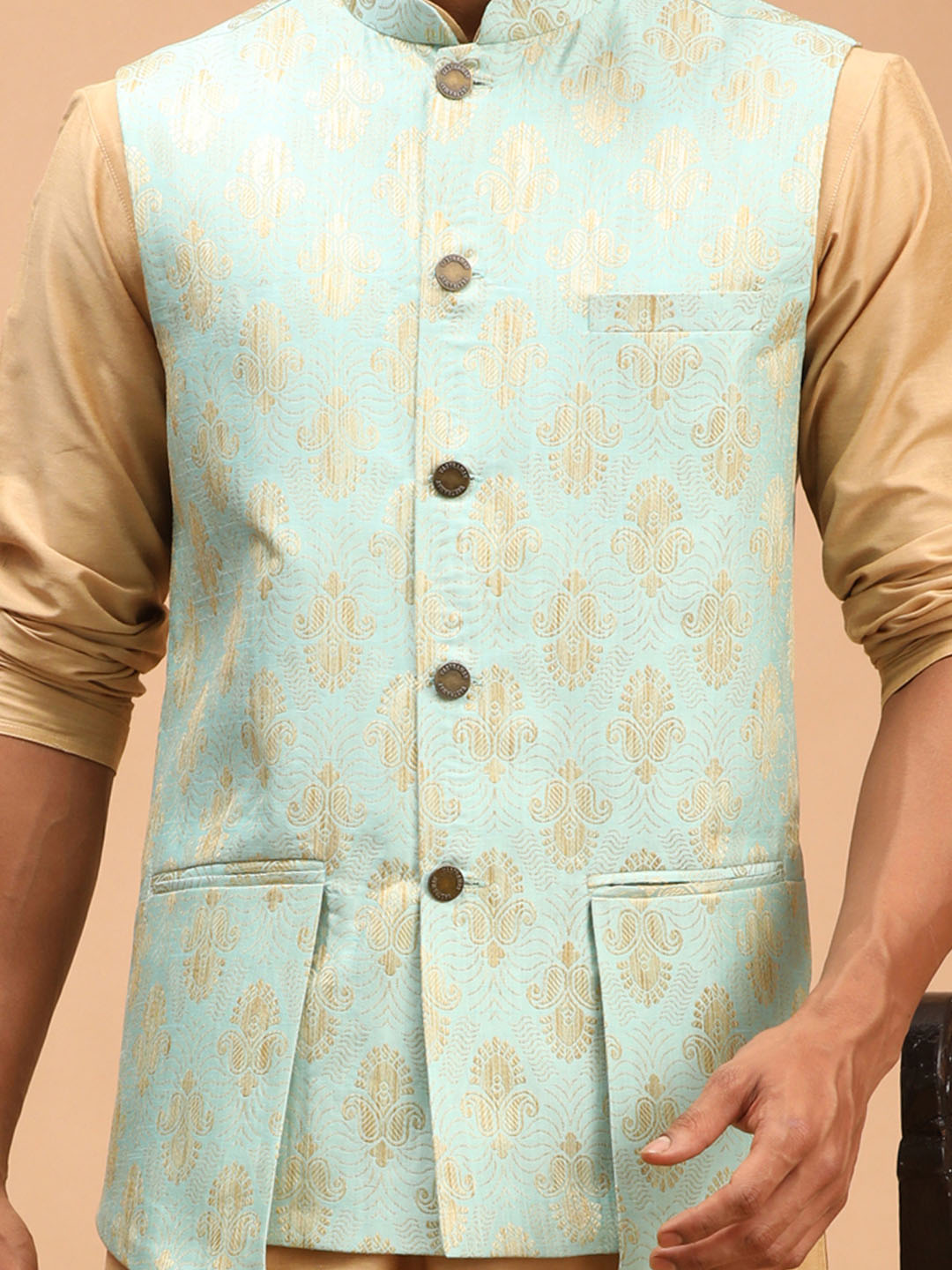 Men's Green Woven Design Ethnic Jacket And Rose Gold Kurta And Pyjama Set