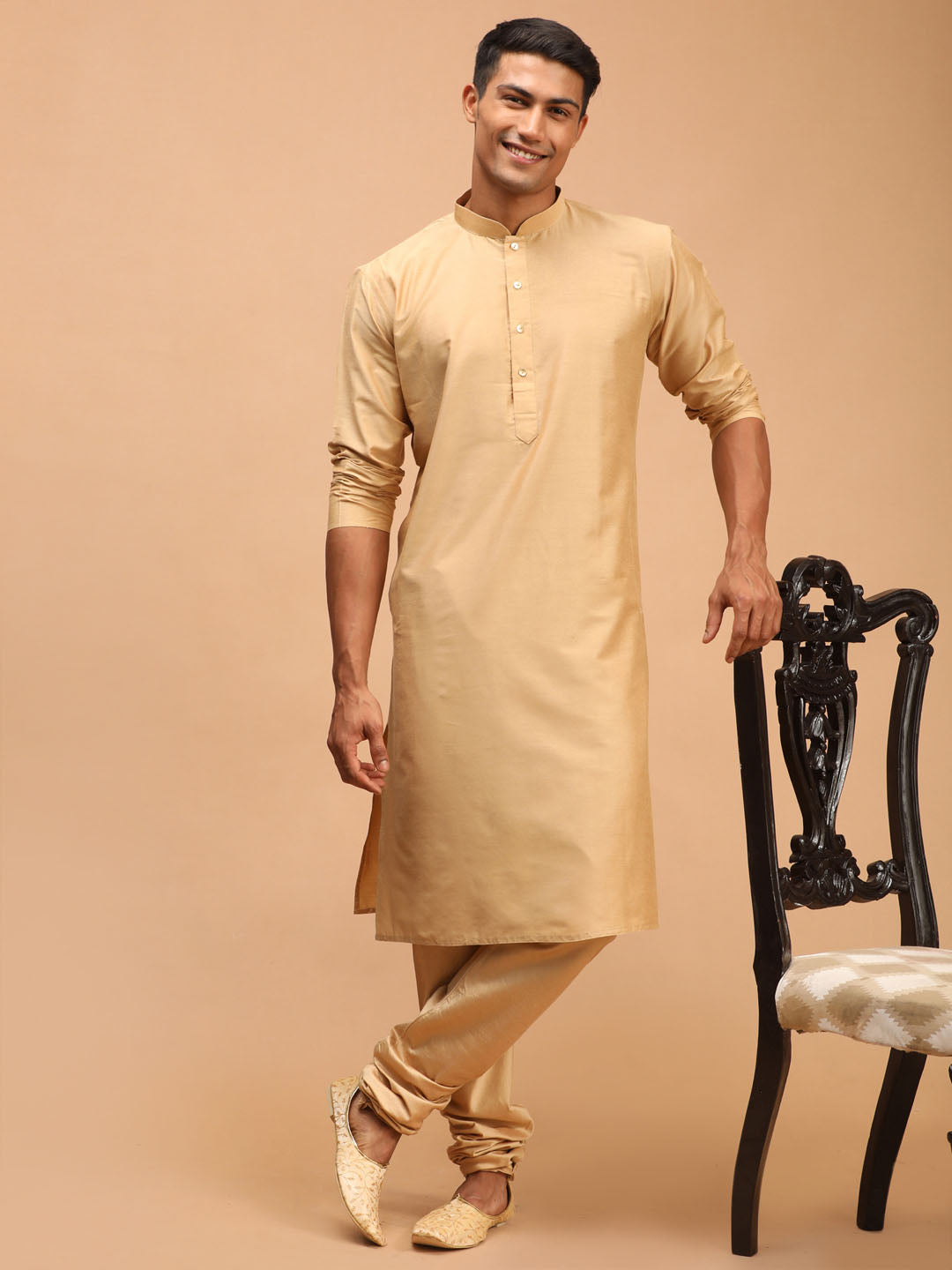 Men's Green Woven Design Ethnic Jacket And Rose Gold Kurta And Pyjama Set