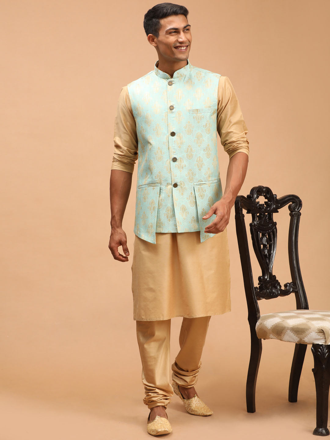 Men's Green Woven Design Ethnic Jacket And Rose Gold Kurta And Pyjama Set