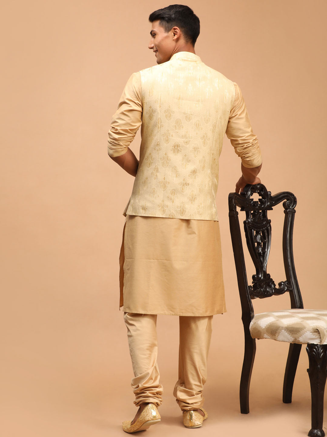 Men's Gold Woven Design Flap Ethnic Jacket And Rose Gold Kurta And Pyjama Set