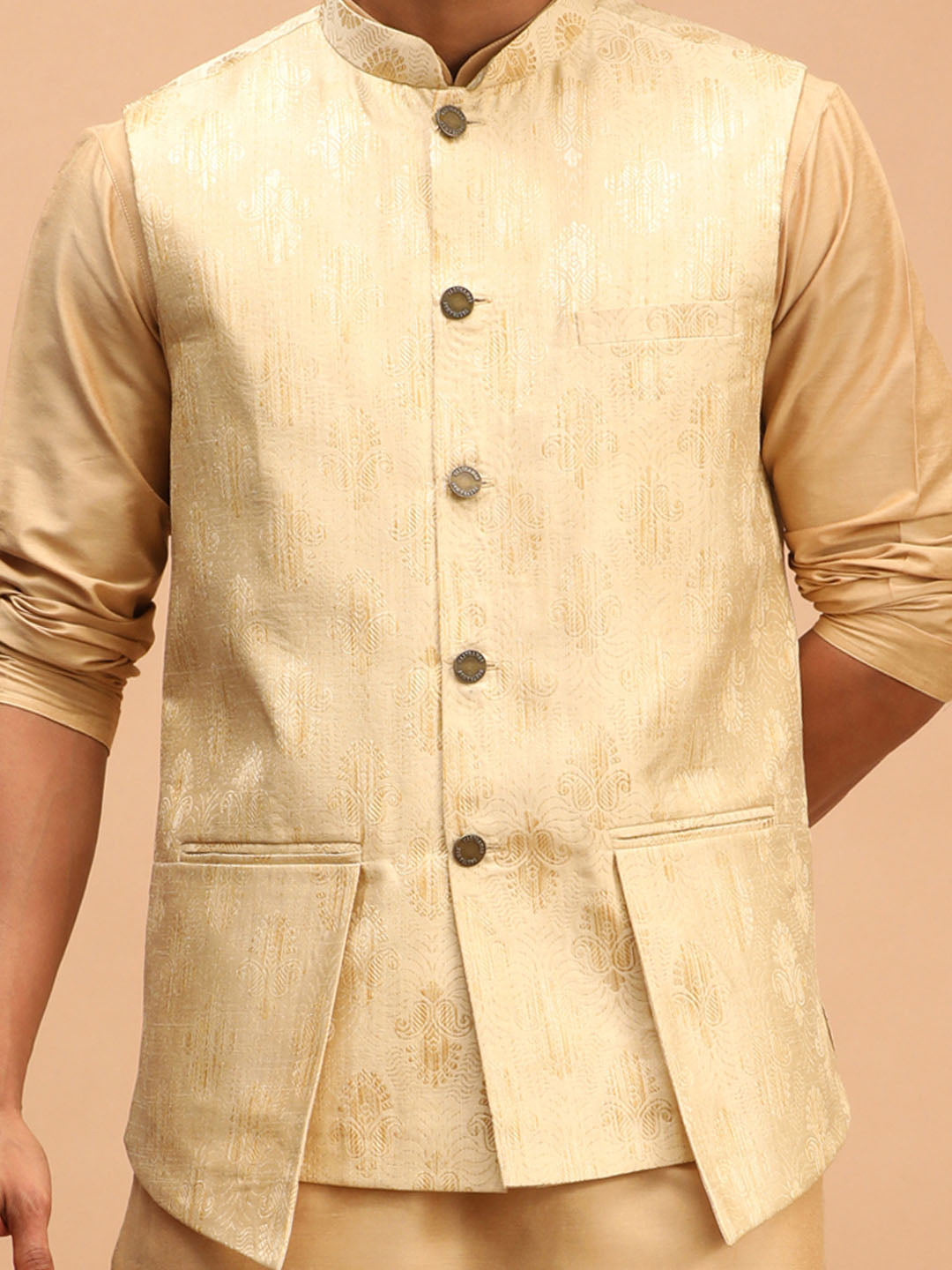 Men's Gold Woven Design Flap Ethnic Jacket And Rose Gold Kurta And Pyjama Set