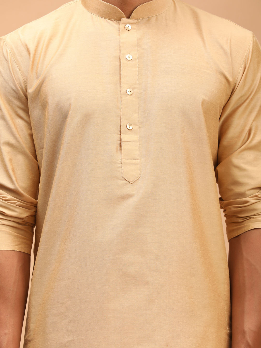 Men's Gold Woven Design Flap Ethnic Jacket And Rose Gold Kurta And Pyjama Set