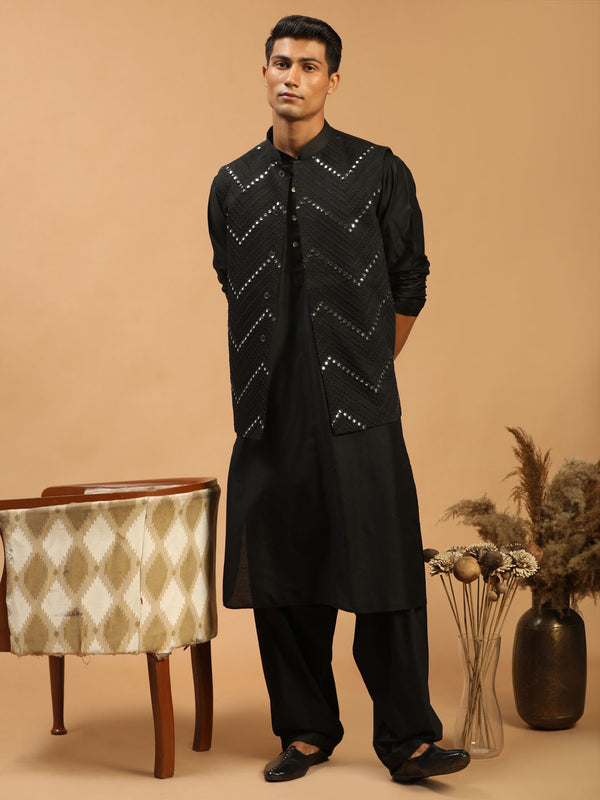 Men's Black Mirror Jacket With Kurta Patiala Set