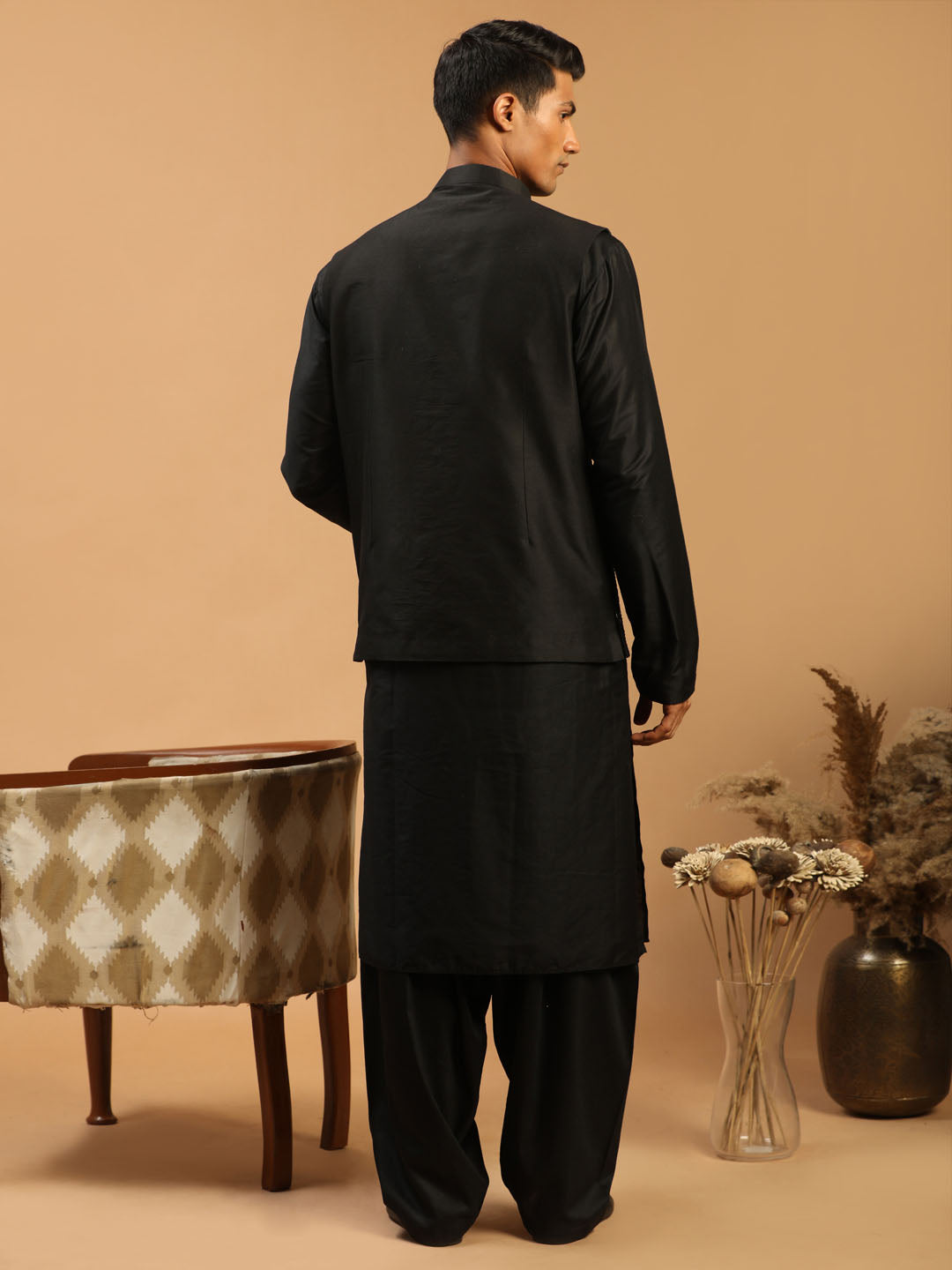 Men's Black Mirror Jacket With Kurta Patiala Set